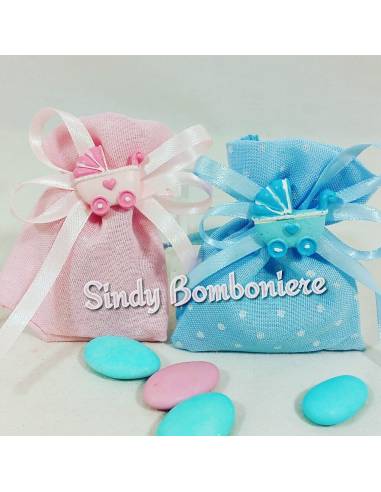 Sacchetti confetti nascita bimba/o carrozzina celeste o rosa 