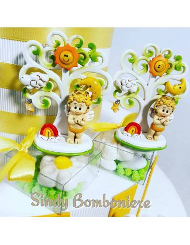 Originali Bomboniere battesimo albero della vita angioletto con magnete sole luna e nuvola