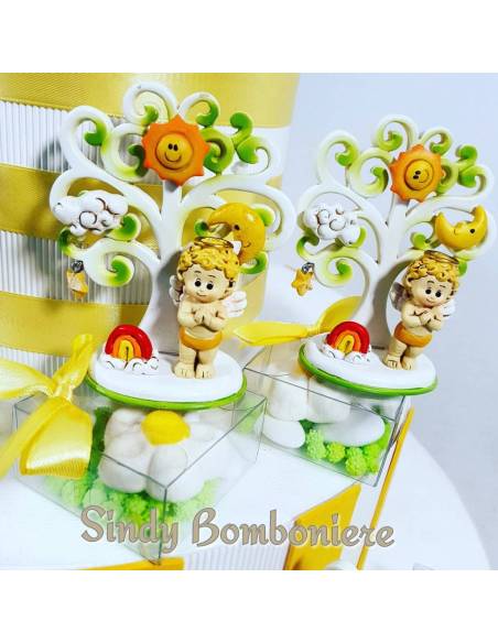 Originali Bomboniere battesimo albero della vita angioletto con magnete sole luna e nuvola