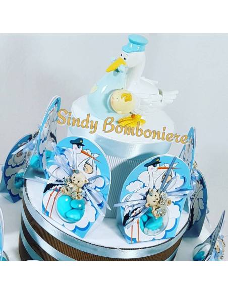 Torta bomboniere con cicogna e orsetto magnete