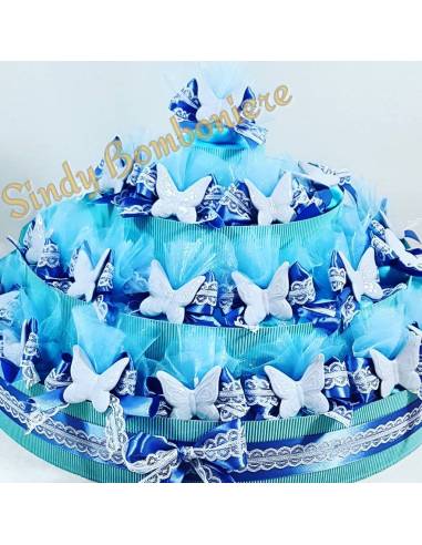 TORTA BOMBONIERE sacchettino farfalla ceramica celeste compleanno battesimo 