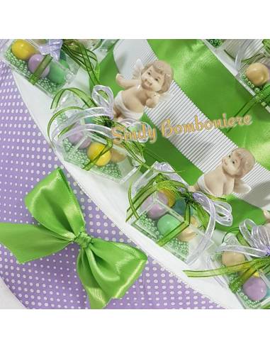 TORTA BOMBONIERE plexiglass bimbo angioletto vasetto porcellana battesimo nascita eventi