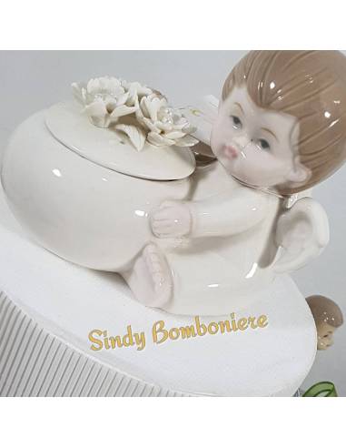 TORTA BOMBONIERE plexiglass bimbo angioletto vasetto porcellana battesimo nascita eventi