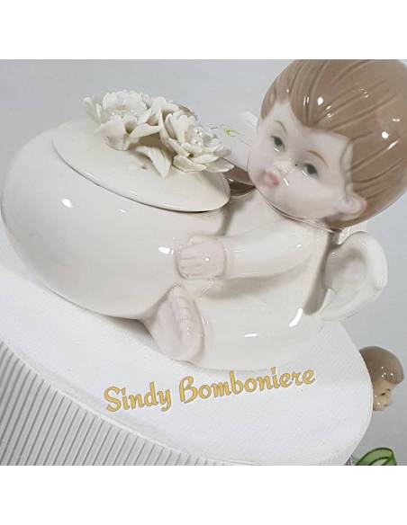 TORTA BOMBONIERE plexiglass bimbo angioletto vasetto porcellana battesimo nascita eventi
