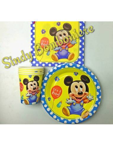 SET TOPOLINO 20 tovaglioli + 20 piatti + 20 bicchieri bimbo compleanno nascita