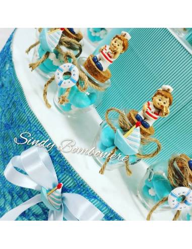 Torta bomboniera nascita battesimo struttura con vasetti marinario confetti + bigliettino adesivi stile mare