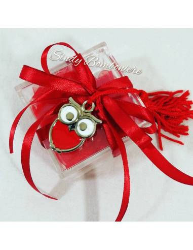 Bomboniera laurea ciondolo gufetto rosso simpatico portachiavi con nappina rossa