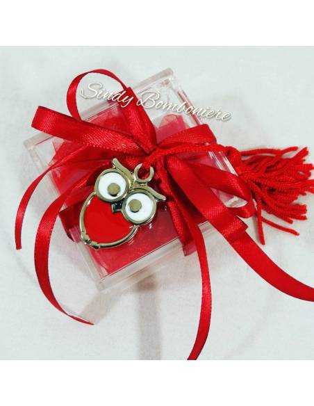 Bomboniera laurea ciondolo gufetto rosso simpatico portachiavi con nappina rossa