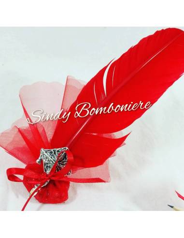 Aprifesta laurea ricordo veletto piuma rossa con tocco argentato confetti + bigliettino