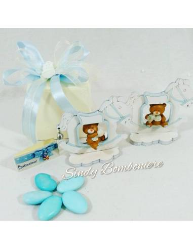 Originale bomboniere per battesimo nascita primo compleanno BIMBO con orsetto su cavalluccio in legno azzurro