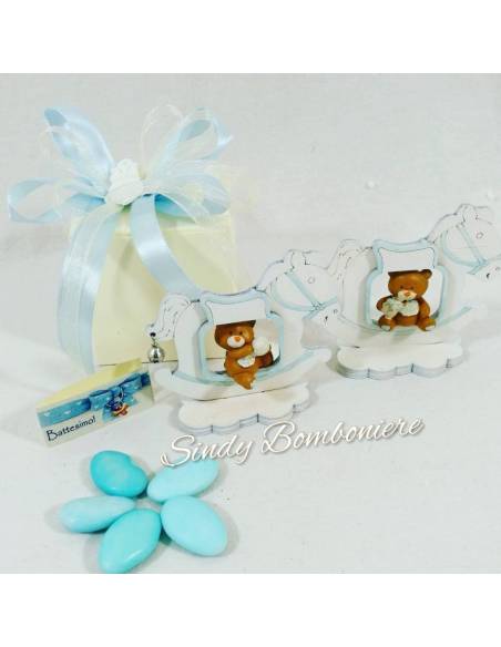 Originale bomboniere per battesimo nascita primo compleanno BIMBO con orsetto su cavalluccio in legno azzurro