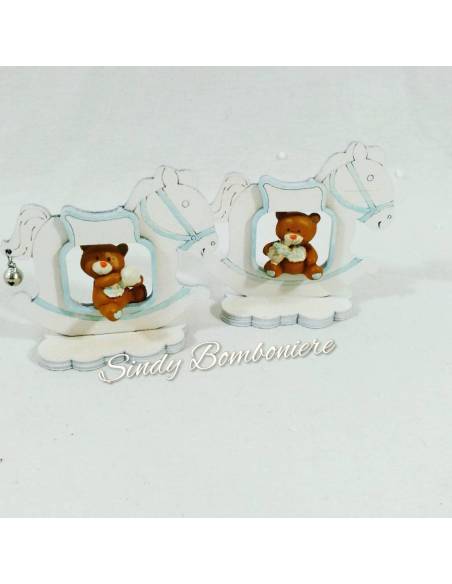 Originale bomboniere per battesimo nascita primo compleanno BIMBO con orsetto su cavalluccio in legno azzurro