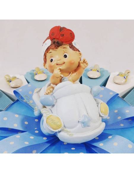 TORTA BOMBONIERA con sonagli magneti  in resina e centrale salvadanaio bambina con macchinina NASCITA BATTESIMO  BAMBINA