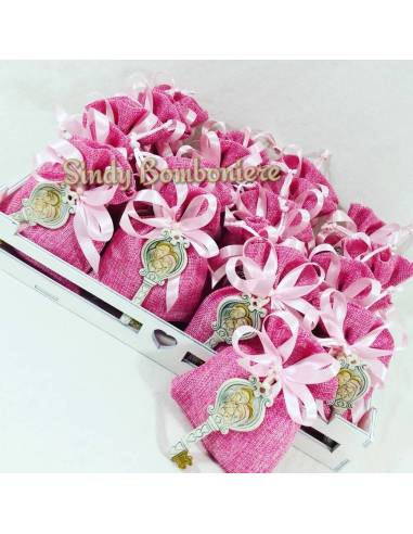 Sacchetti per confetti in juta con icona Sacra Famiglia per Battesimo BAMBINA