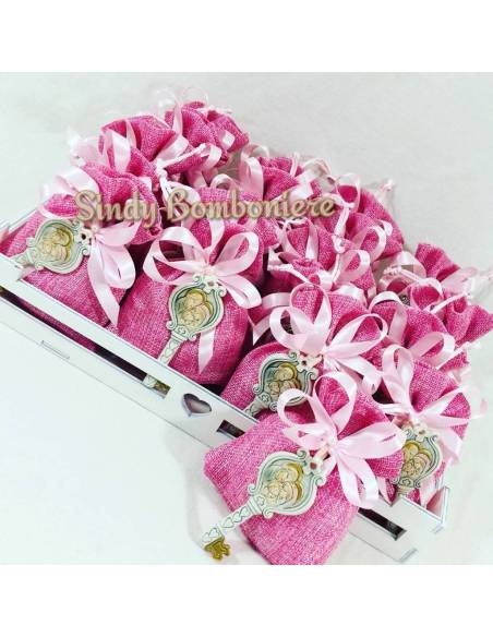 Sacchetti per confetti in juta con icona Sacra Famiglia per Battesimo BAMBINA