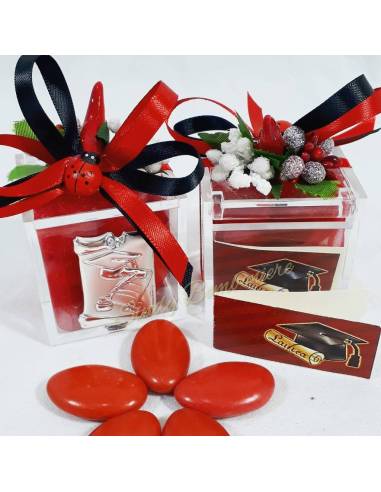 Plexiglass portaconfetti con targhetta e fiocchetto con peperoncino e coccinella portafortuna BOMBONIERA LAUREA