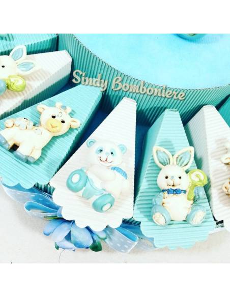 Idea bomboniera 1° compleanno battesimo nascita torta bimbo animaletti magnete assortiti azzurro