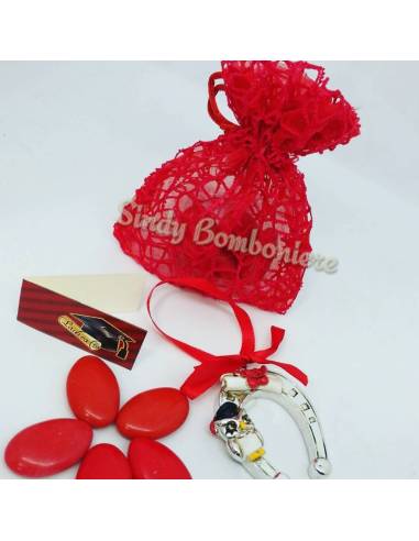 Tocco in resina nero con clip portamessaggi e nappina con sacchetto BOMBONIERA LAUREA