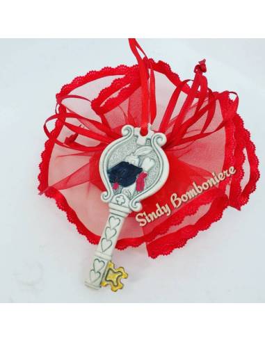 Bomboniera idea per laurea chiave laurea veletto rosso appendibile tocco pergamena tesi