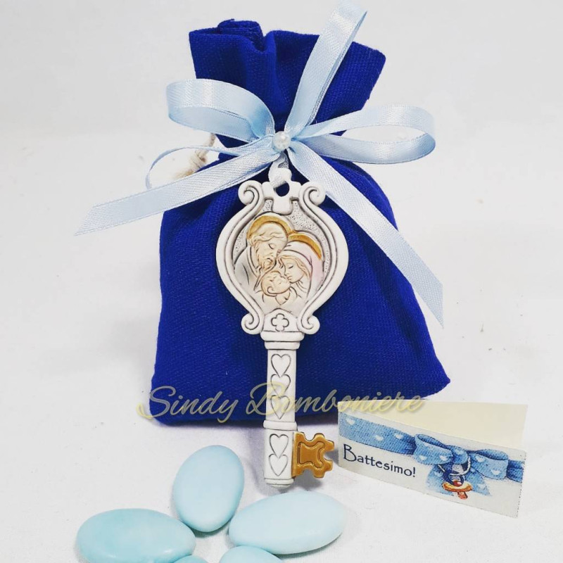 sacchetti per confetti in juta con chiave sacra famiglia per battesimo maschio