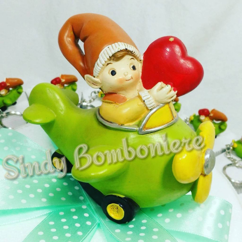 Torta bomboniera nascita battesimo 1° compleanno portachiavi gnomo aeroplano cuoricino rosso