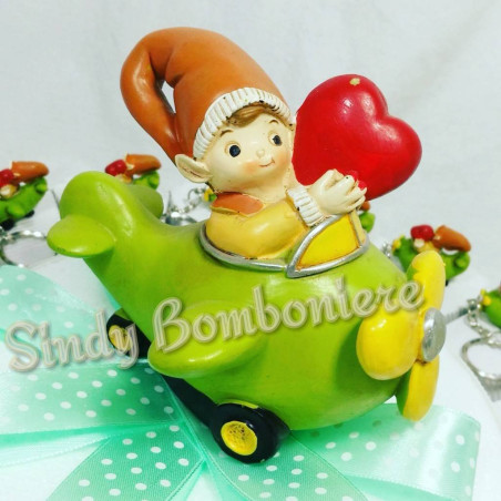 Torta bomboniera nascita battesimo 1° compleanno portachiavi gnomo aeroplano cuoricino rosso