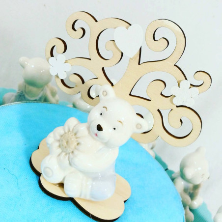 Torta portabomboniera con orsetti in resina e profumatore per battesimo nascita di bambino