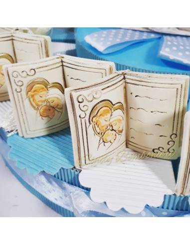 TORTA BOMBONIERA BIBBIA libro aperto nappina bianca SACRA FAMIGLIA per battesimo BIMBO