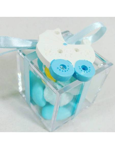 Scatola plexiglas con confetti e marsmallow bomboniera nascita