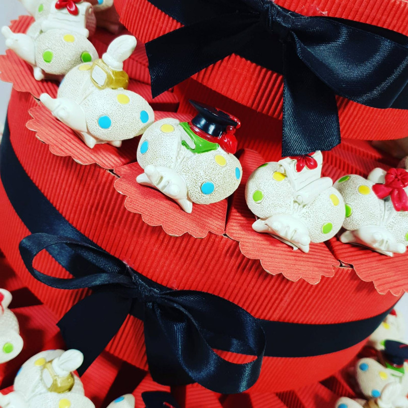 TORTA BOMBONIERA LAUREA con COCCINELLE PORTAFORTUNA Lettere GIURISPRUDENZA INGEGNERIA