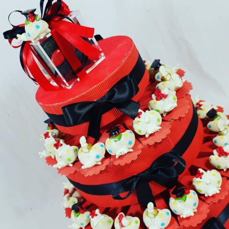 TORTA BOMBONIERA LAUREA con COCCINELLE PORTAFORTUNA Lettere GIURISPRUDENZA INGEGNERIA