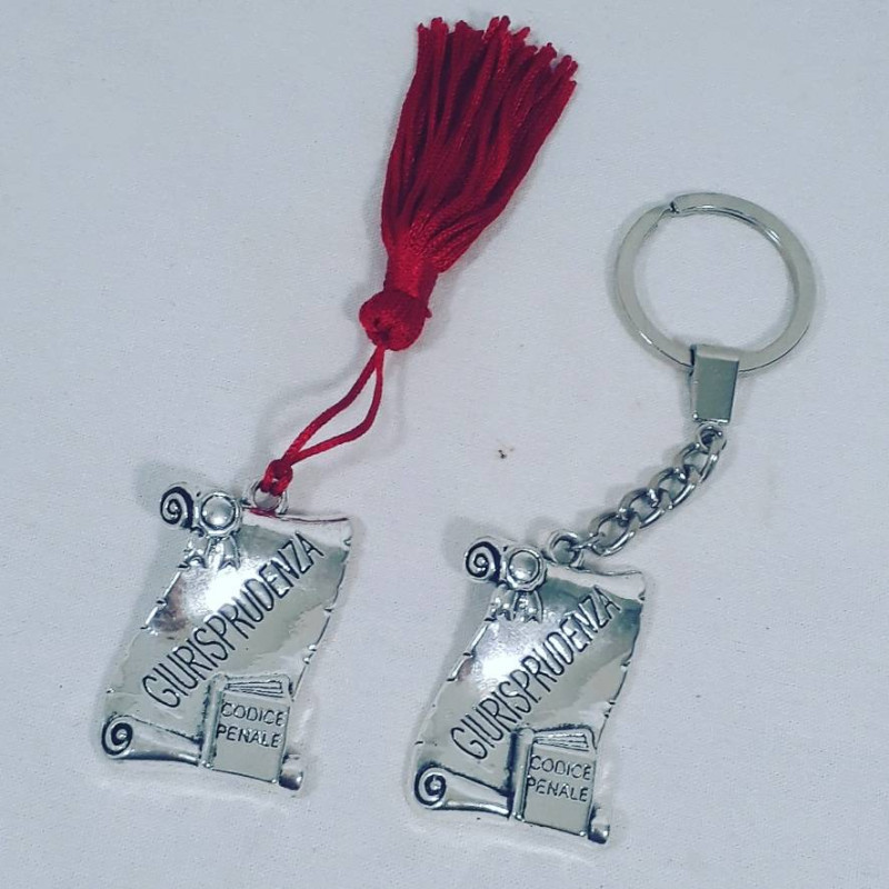 Targhetta laurea in Giurisprudenza portachiavi e nappina per confezionare bomboniere fai da te