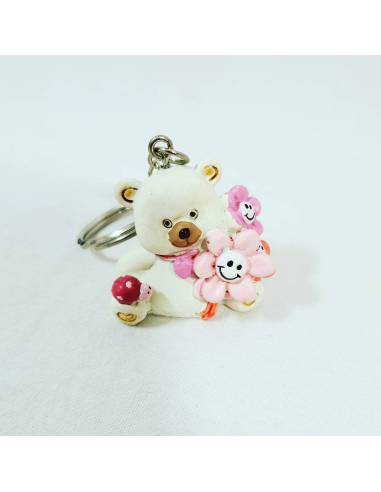 TORTA BOMBONIERA ORSETTO PORTACHIAVI ROSA CON FIORELLINI IN MANO NASCITA BATTESIMO COMUNIONE CRESIMA COMPLEANNO