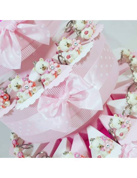 TORTA BOMBONIERA ORSETTO PORTACHIAVI ROSA CON FIORELLINI IN MANO NASCITA BATTESIMO COMUNIONE CRESIMA COMPLEANNO