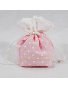 Sacchetto portaconfetti rosa a pois bianchi nascita