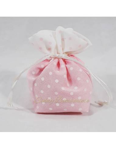 Sacchetto portaconfetti rosa a pois bianchi nascita