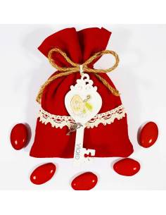 Sacchetto in cotone rosso con chiave in resina con immagine sacra cresima