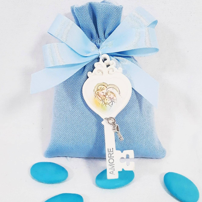 Sacchetto in cotone rosso con chiave in resina con immagine sacra cresima 049652