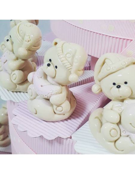 Torta bomboniera bimba orsetti sole luna stella assortiti effetto porcellana battesimo nascita femminuccia