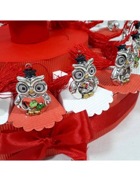 Torta bomboniera laurea con gufetti stilizzati argentati misti con nappa