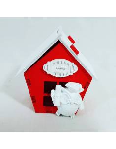 portaconfetti con gufetto bianco montato su casetta in legno originali bomboniere laurea