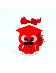 portaconfetti con gufetto bianco montato su casetta in legno originali bomboniere laurea