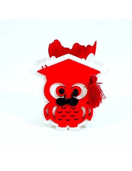 portaconfetti con gufetto bianco montato su casetta in legno originali bomboniere laurea