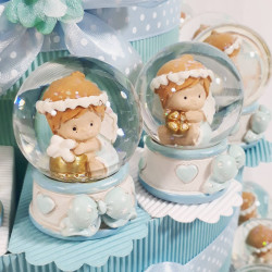 TORTA BOMBONIERE SFERA DI NEVE vetro angioletto bimbo compleanno nascita battesimo 2