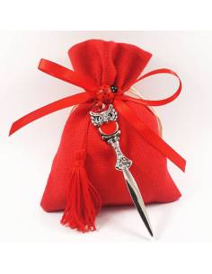 BOMBONIERA SACCHETTINO TAGLIACARTE ARGENTATO CON GUFETTO PER LAUREA IN LETTERE