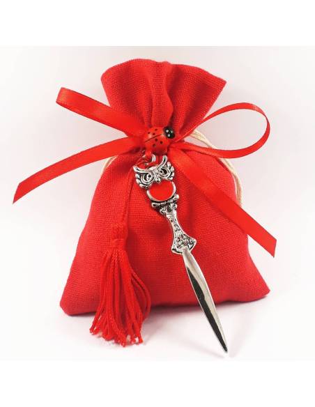 BOMBONIERA SACCHETTINO TAGLIACARTE ARGENTATO CON GUFETTO PER LAUREA IN LETTERE