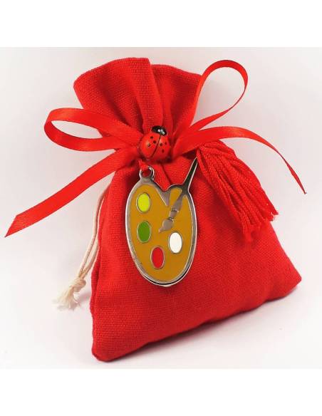 Bomboniere laurea sacchetti rossi con pendente ciondolo tavolozza da pittore