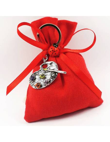 Bomboniere laurea sacchetti rossi con pendente ciondolo tavolozza da pittore