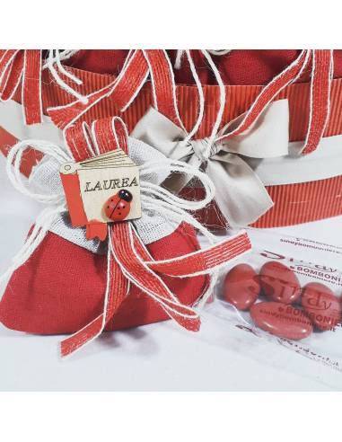 SACCHETTO ROSSO COTONE PORTACONFETTI LAUREA FAI DA TE con scritta dorata