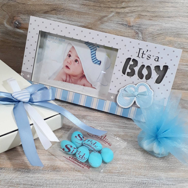 Idea bomboniera CORNICE PORTAFOTO per battesimo nasicta primo compleanno bimbo maschietto it's a boy